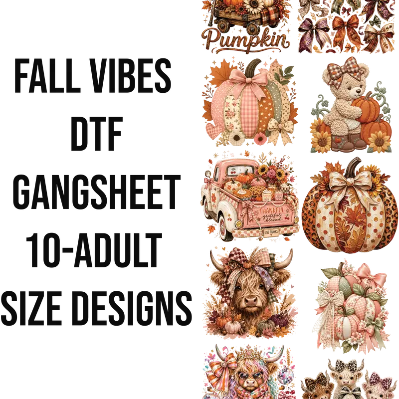 FALL VIBES DTF Gangsheet, DIY Printmaking Accessory for Shirtmaking