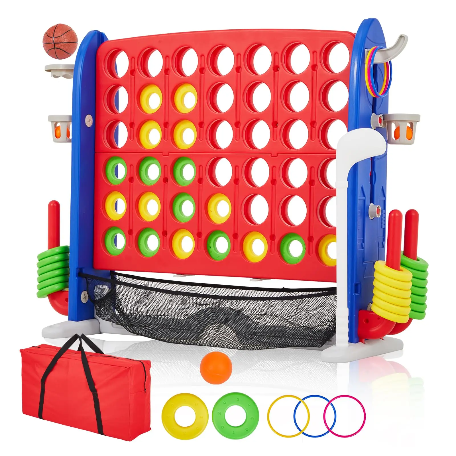 Garvee Upgraded Giant 4 in a Row Game, Adjustable Height Jumbo Board with Quick-Release Slider, All-in-One Set Includes Mini Basketball, Golf & Ring Toss, Indoor & Outdoor Family Party Game