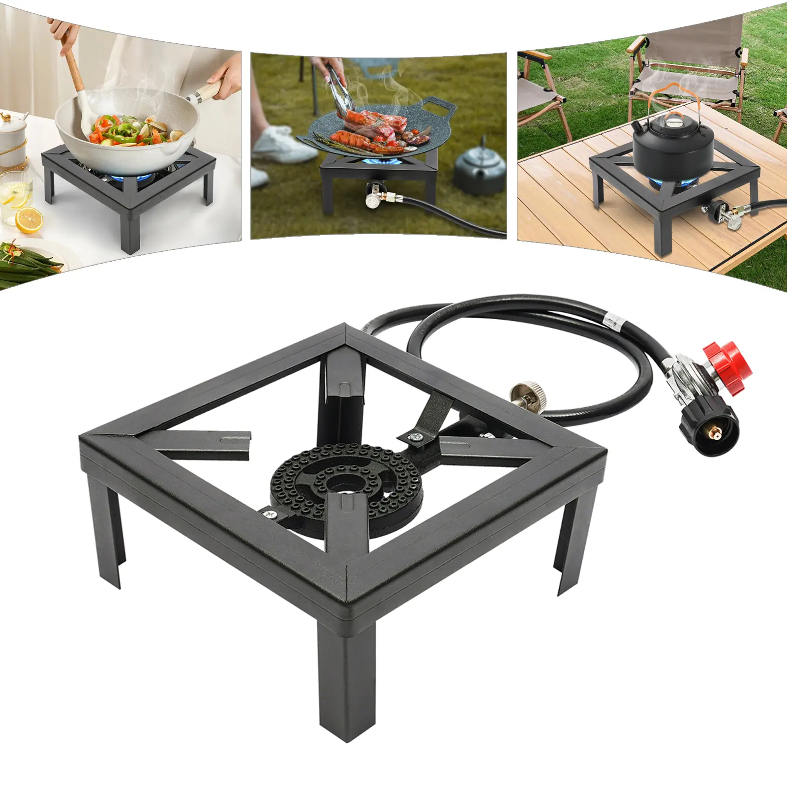 Portable Single Burner Square Propane Gas Stove - 8000W Power, Adjustable 0-20Psi Hose, 0-20Psi Regulator, Portable Kitchen for Hiking/Light Outdoor, Backyard BBQ, Emergency Preparedness, Camping Kitchenware