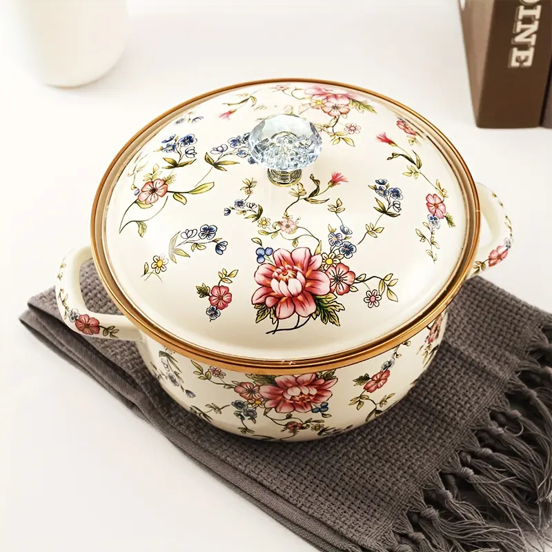 Thick Enamel Ceramic Double-Handled Soup Pot with Lid - Heat-Resistant Cookware for Small Families, Romantic Meals, Stewing Meats, Pasta; Home Kitchen Use, Compatible with Electric Stoves, Gas Flames, Serving Food, No Power Supply Needed
