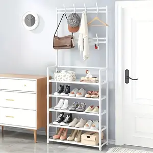 Five-layer freestanding coat, hat, and shoe rack set| Heavy-duty metal space-saving storage rack, equipped with 8 hooks and a double-sided shoe rack, suitable for offices and small apartments, easy to assemble