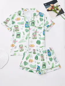Women's Two-Piece Set, Button Short Sleeve Top & Comfortable Fitted Shorts Loungewear, Elegant Four-Season Sleepwear, Vegetable Print Design Pajama Set Pjs, Pickled Pajamas Shorts, Homewear