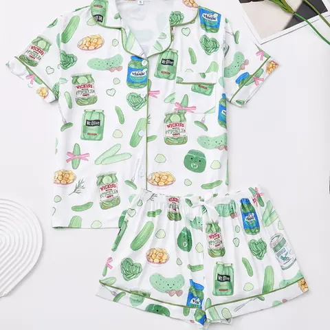 Women's Two-Piece Set, Button Short Sleeve Top & Comfortable Shorts, Elegant Four-Season Sleepwear, Vegetable Print Design, Pajama Set, Loungewear