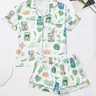 Women's Two-Piece Set, Button Short Sleeve Top & Comfortable Shorts, Elegant Four-Season Sleepwear, Vegetable Print Design, Pajama Set, Loungewear