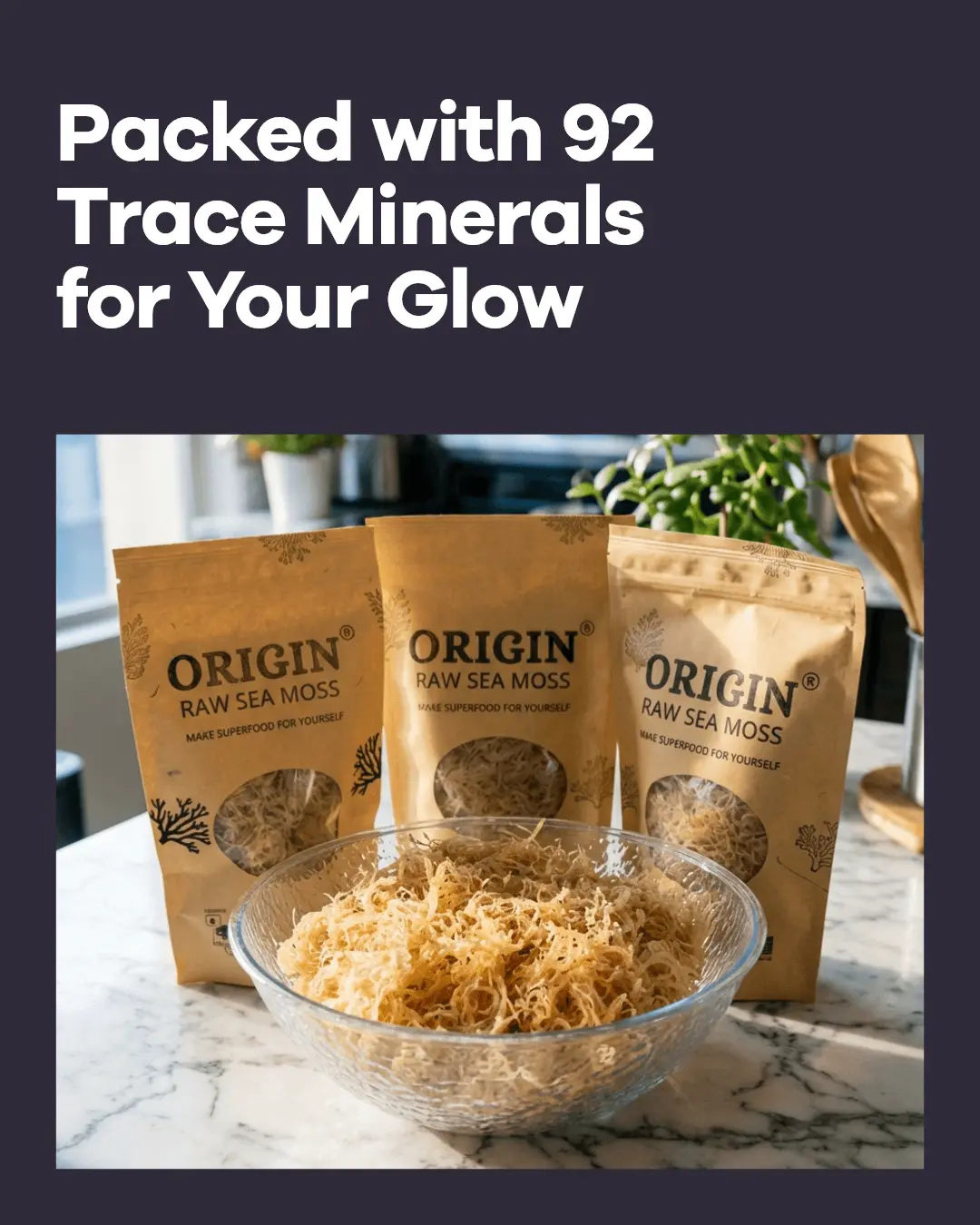 Origin Raw Sea Moss - 100% Natural, Sun-Dried, Unpolluted Ocean Harvest, Rich in 92+ Minerals, Supports Immunity & Hormonal Balance, Vegan & GMO-Free