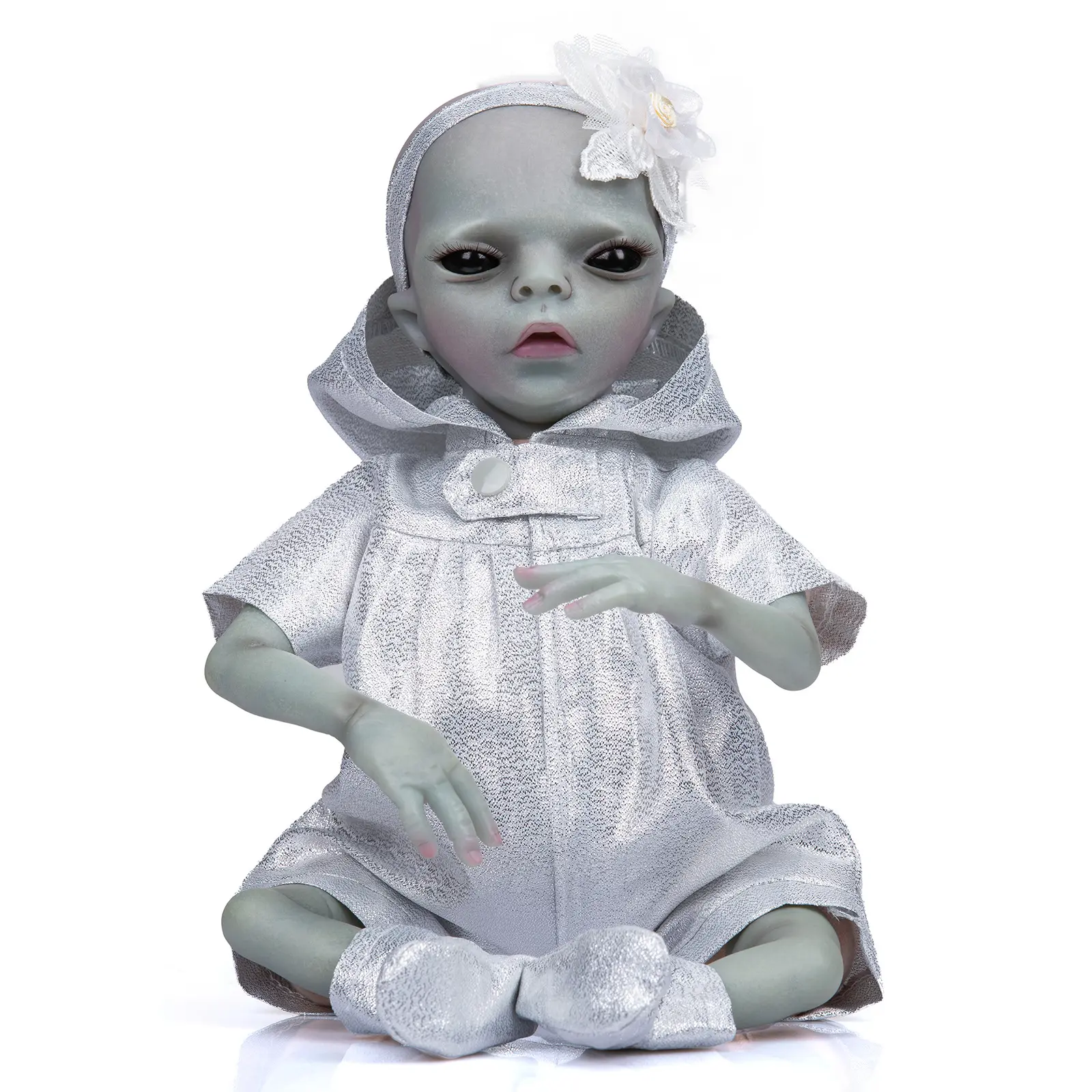 14" Alien Reborn Baby Doll with Cloth Body & 3/4 Limbs - Silver Space Outfit & Flower Headband - Creepy Cute UFO Doll for Collectors & Halloween Props