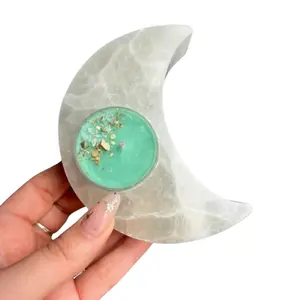 Selenite Crystal Moon Candle Holder - Decorative Candle Holder with Selenite Crystals for Room Lighting and Gift Giving