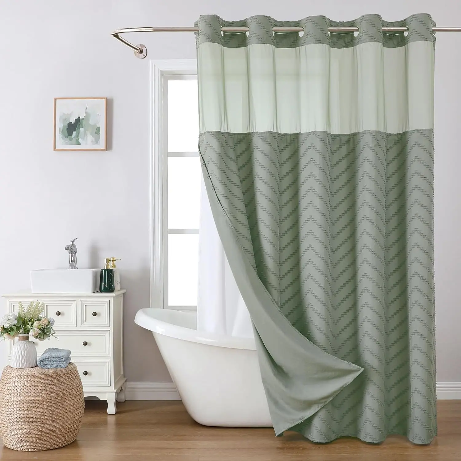 Long No Hook Tufted Chevron Striped Shower with Snap-in Liner set-71Wx80H(78H),Sage Green Hotel Boho Style Shower with See Through Top Window,Repellent