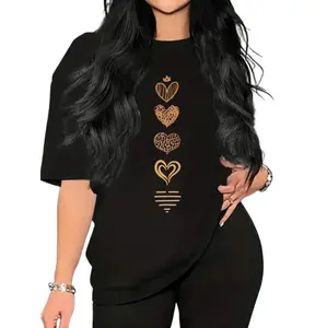 Women's Casual Drop Shoulder Streetwear T-Shirt, Spring and Summer Heart-Shaped Print Short Sleeve Round Neck Sports Top