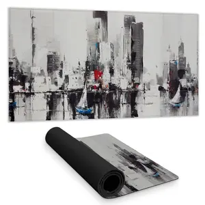 360 Stand 16x32 in. Abstract Boats Cityscape Gray Desk Mat Mousepad - Desk Accessories, Modern Home Decor Essential, Non-Slip Rubber Backing, Urban Scene Print