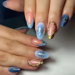 24pcs New Craft European Style Blue French Star Design Almond Shape False Nails, Nail Art Supplies, Glossy Finish, Medium Nail Length, Single Item Pack