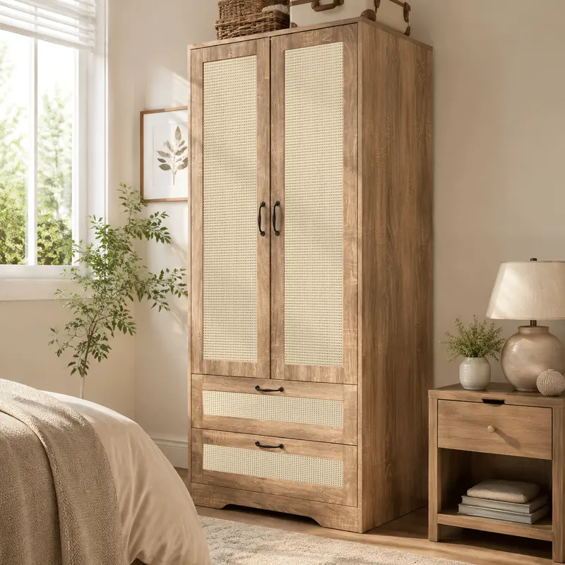 Modern Free-Standing Rectangular Wooden Wardrobe Cabinet - Furniture for Small Spaces, Organization Ideas, Assembly Required, Clothing Storage, Compartments Wardrobes, Hanging Rod, 2 Rattan Doors, 2 Rattan Drawers, Stable Structure (Black/White/Natural)