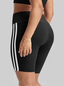 Women's Plus Size Casual Shorts, Knee-Length Striped Design, High Waist Abdominal Control, Breathable Fabric for Ultimate Comfort and Style