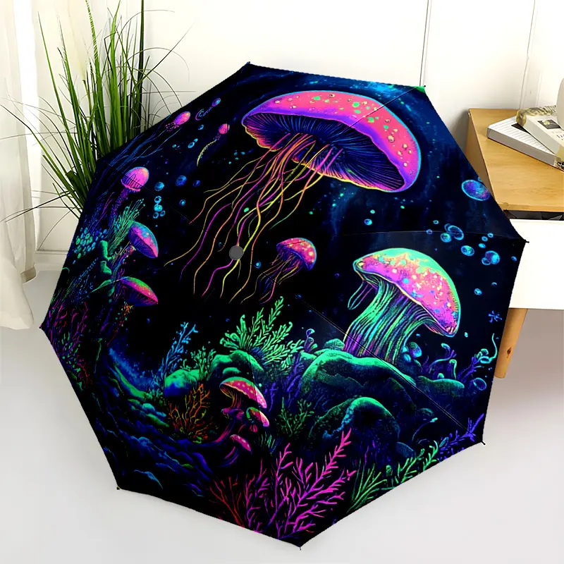 1 PC Automatic Folding Umbrella - Jellyfish Glow Neon Ocean Artwork Pattern, Portable & Foldable Design with 8 Ribs, Merry Christmas Pattern,Casual Outdoor Accessory Halloween and Christmas Birthday Gifts. H00174