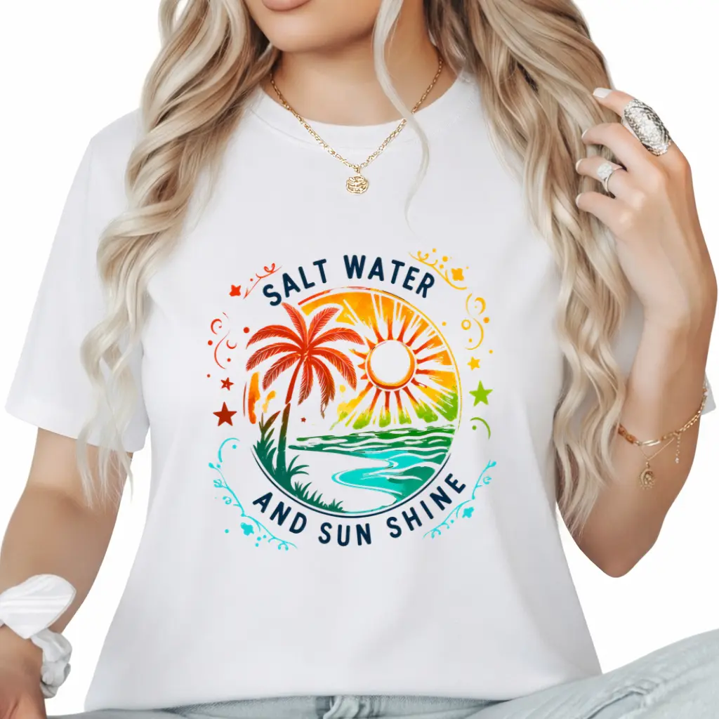 Vibrant Sunset & Palm Tree Print T-Shirt—A Tropical Summer-Style Graphic Tee for Beach Lovers (Women's)