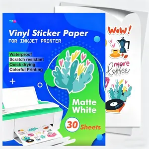 Sticker Paper for Inkjet Printer- 30 Sheets Matte White ,  Printable Vinyl Stickers Paper with 8.5" x 11" - Holds Ink Beautifully & Dries