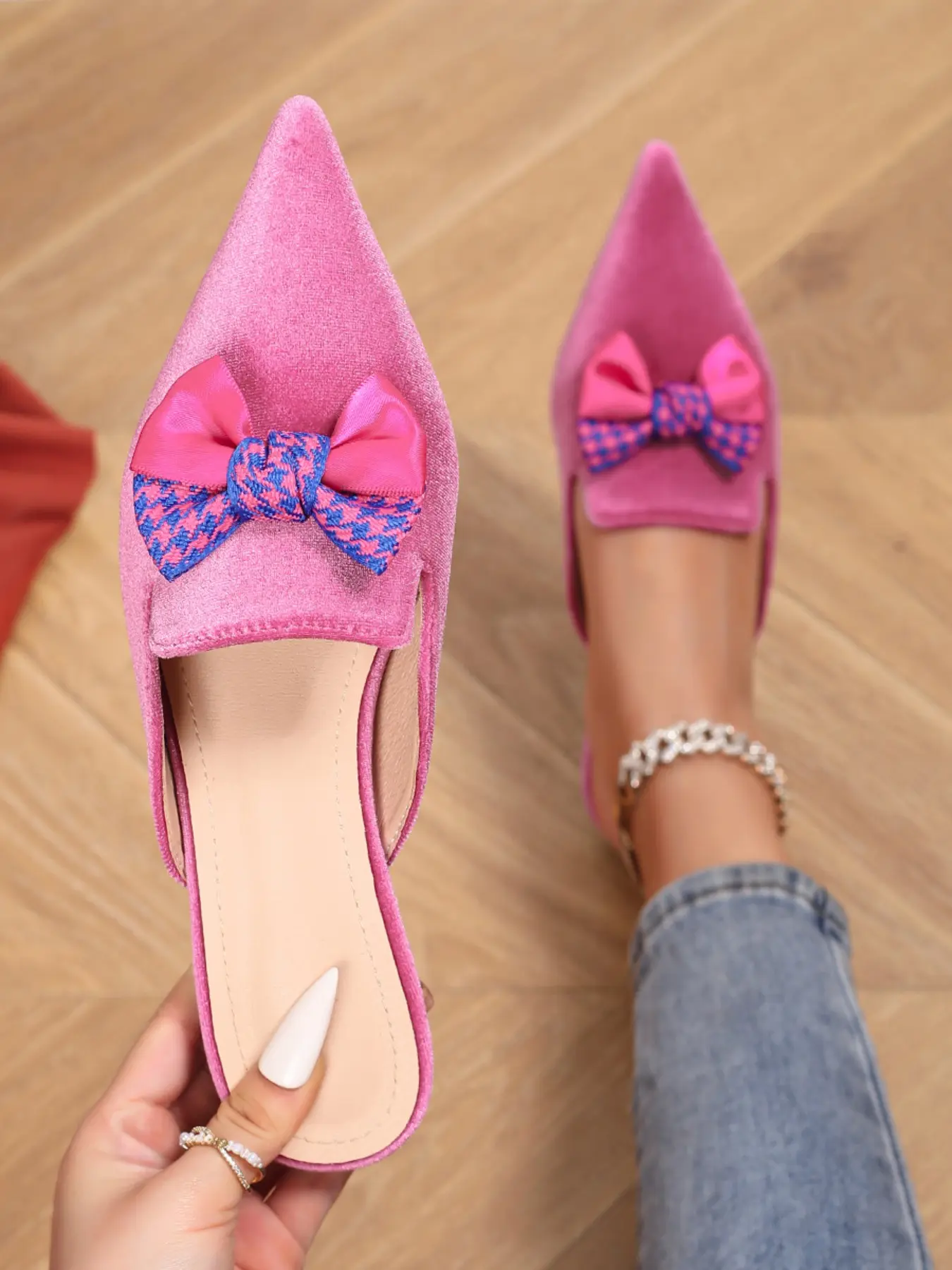 Women's Pointed Toe Flat Mules, Spring & Fall Fashion Plaid Bow Knot Slippers, Plaid Bow Design Walking Shoes, Comfortable Soft Velvet Casual Shoes, Footwear