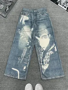Men's Anime Print Denim-effect Button Fly Pants, Loose Street Fashion Fit Retro Trousers for Daily Wear, Pants for Men, Mens Bottoms for All Seasons, Streetwear Menswear