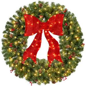 Best Choice Products Pre-Lit Christmas Wreath w/Berries & Pinecones, Large Artificial Indoor/Outdoor Décor, w/Red Lighted Bow, Plug-in
