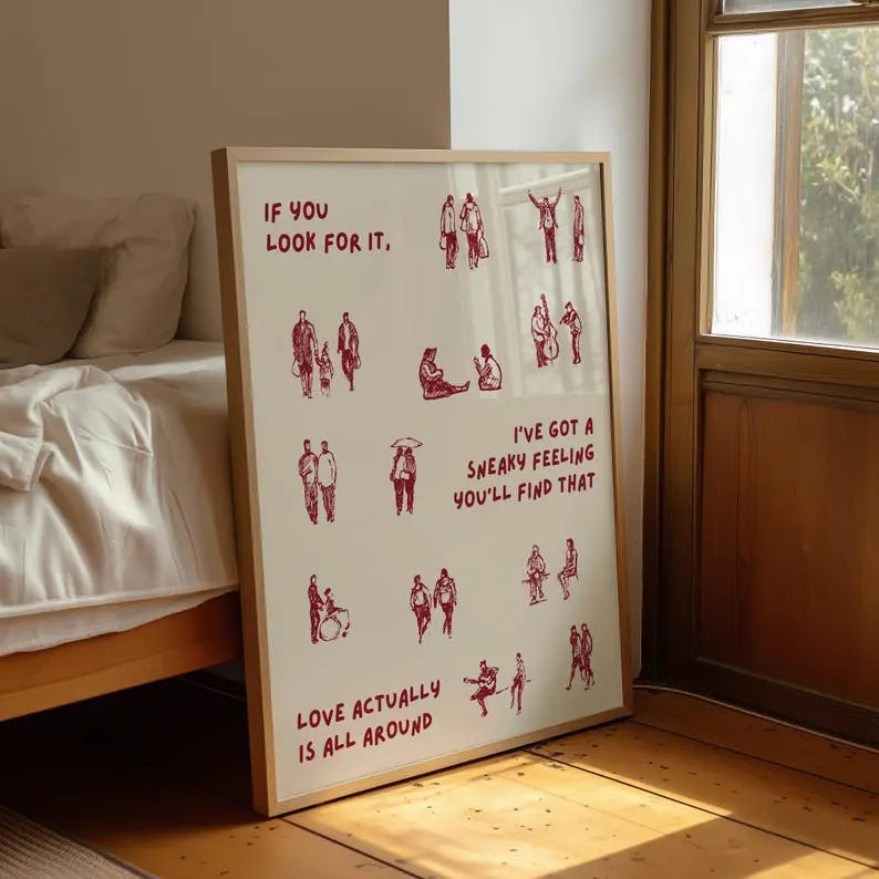 Love actually is all around Print Dorm Room Aesthetic Small People Art Tiny Humans Walking Print Minimalist People Wall Art Retro Art No Frame