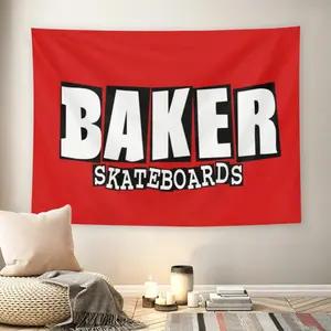 Baker Skateboards Logo Wall Flag, Red Background Skate Print, Mid-century Modern Black Flash Manga Style, Skate Culture Decor For Adult Fans, 2000s Vibe, Teen Bedroom, Skate Park Vibe Tapestrymusic comics wall flags custom tapestries