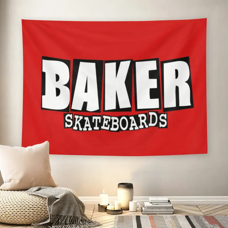 Baker Skateboards Logo Wall Flag, Red Background Skate Print, Mid-century Modern Black Flash Manga Style, Skate Culture Decor For Adult Fans, 2000s Vibe, Teen Bedroom, Skate Park Vibe Tapestry