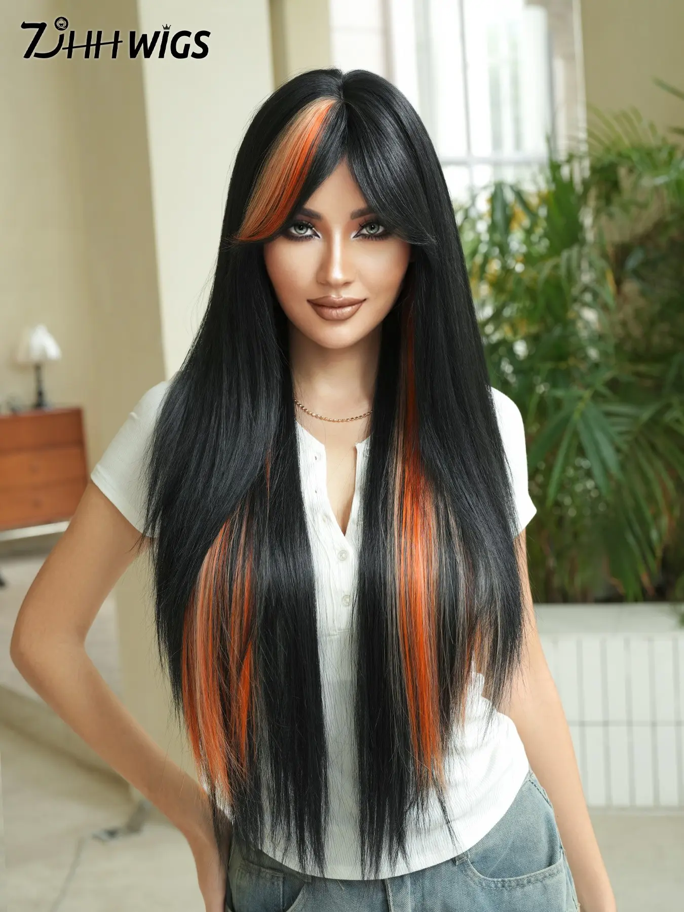 Sunshine Orange Highlights Wig for Women 32 Inch Extra Long Straight Synthetic Hair Wigs Curtain Bangs, Full Machine Heat-Resistant Fiber Glueless New Costume Wigs for Halloween Wear, Music Festivals Party Anime Or Costume Cosplay Use