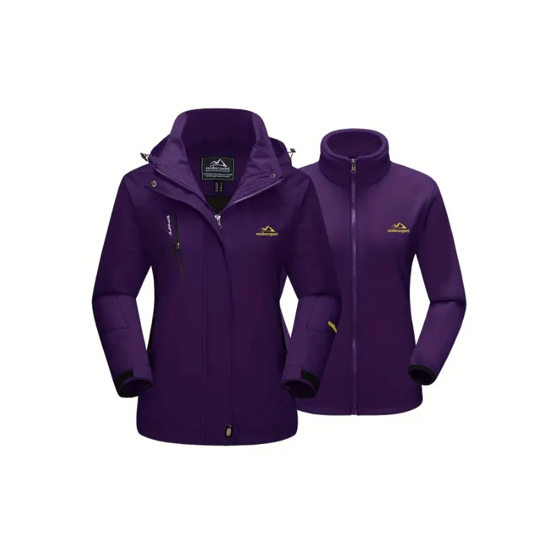 Women's Ski Jacket with 3-in-1 System, Hooded Long Sleeve Softshell Winter Coat with Fleece Lining, Water-Resistant & Windproof, Solid Color Polyester, Machine Washable