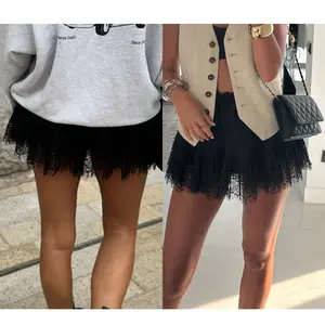 Women's Chic Low-Waist Polyester Pleated A-Line Lace Mini Skirt with Built-In Shorts, Loose Elegant Women's Bottoms Clothes for Everyday Casual Wear
