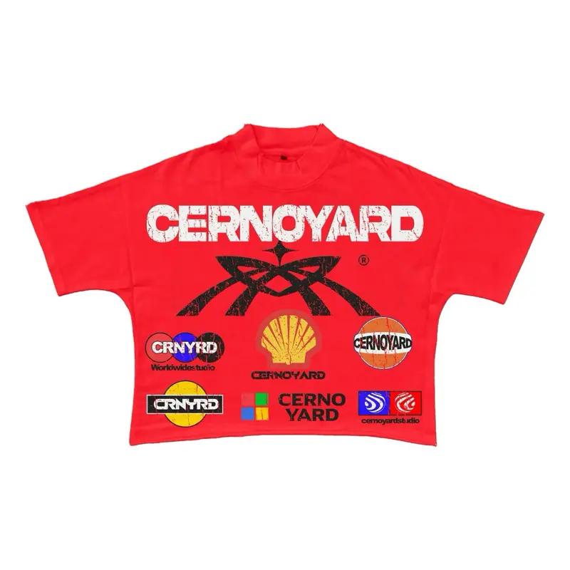 CernoYard Logo Stamp Crop Tee Red T-Shirt with Distressed Brand Logos and Graphic Design Crewneck Red Color