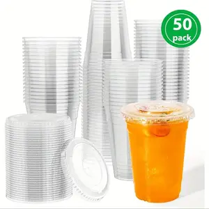 50 Pack 16 oz Clear Plastic Cups with Flat Lids – BPA-Free Disposable Cold Drink Cups for Iced Coffee, Smoothies, Milkshakes, Juices – Crystal Clear Stackable PET Cups (No Straw)