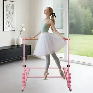 Pink Solid Wood Ballet Barre with Wheels, Adjustable Height 31.5-39.5 Inches, 4-Level Portable Dance Bar for Home Studio, Ballet & Pilates Practice Bar for Kids, Teens & Adults