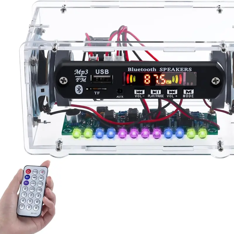 DIYSoldering Kit Bluetooth-Compatible Speaker Kit with FṂ Radio, Electronic Soldering Practice Kit USB Mini Home Sound Amplifier DIY Kit with Digital Display and Colorful LED Lights for School STEM Project Remote Control Fm