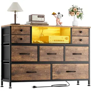 Dresser for Bedroom with Power Outlets & LED, Sturdy Metal Frame, Wooden Top-Storage Fabric Dresser for Bedroom, Living Room, Entryway&Small Spaces