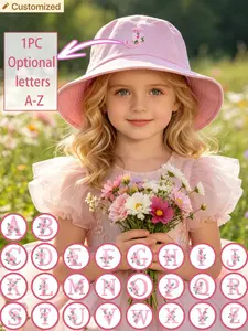1pc A-Z Girls' Pink Floral Letter Bucket Hat, Sweet Style Sun Cap, Multi-Scene Toddler Hat For Spring Flower Viewing/Princess Dress Outfits/Girls' Afternoon Tea/Kids' Photography/Park Strolls