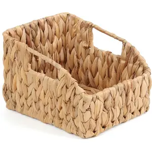 Wicker Basket with Handles, Handwoven Storage Basket for Pantry, Trapezoid Decorative Baskets for Shelves  Organizer ((Water Hyacinth), 7.48"L x 9.44"W x 6.49"H)