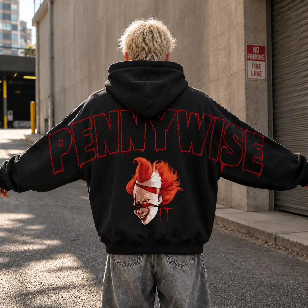 Pennywise Horror Clown Shoulder-to-Shoulder Back Lettering Sweatshirt Hoodie, Oversized Unisex Halloween Streetwear, Halloween Clown Tee