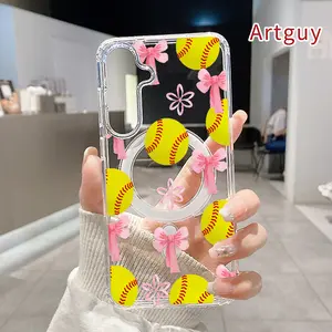 Softball Bow Delight Pattern Magnetic Phone Case for Samsung Galaxy S26 Edge S23 Ultra S24 Plus FE S25 S22+ Non-Yellowing Clear Crystal Drop-proof Slim Silicone Shockproof Transparent Acrylic Large Hole Cover Supports Wireless Charging