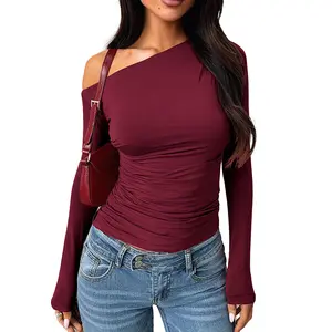 Womens One Off Shoulder Tops Long Sleeve Going Out Shirts 2025 Boat Neck Ribbed Slim Fit Blouse  Y2K Tight Shirts