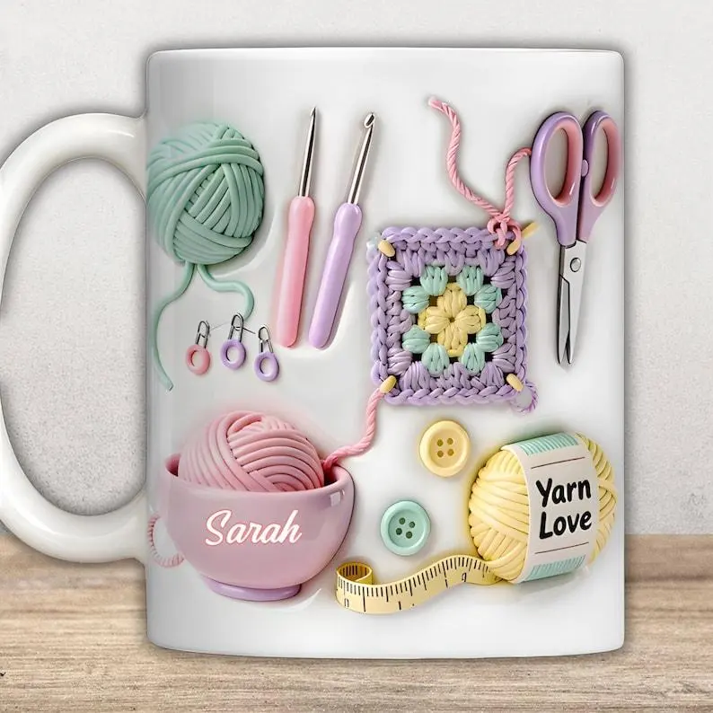 Personalized Crochet Mug with Name, Love Crocheting Coffee Mug, Handmade Craft Mug, Gift for Crocheters, Yarn Lover Gift