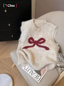 Sweet Bow Vest Knit Sweater, Autumn Winter Embroidered Pattern, Slim Fit Layered Wear, Soft Comfortable Sleeveless Top, Elegant Casual Style