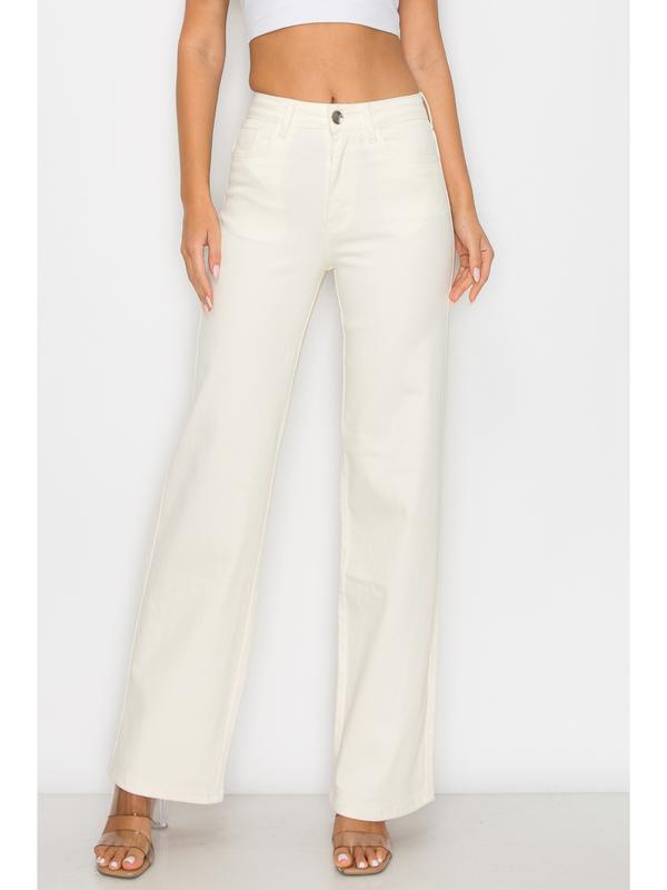 Emma - Hight Waisted Stretchy Colored Wide Leg Denim Twill - Lover Brand Fashion Fabric Fit Jean Womenswear Bottom Button Casual Comfort Basic