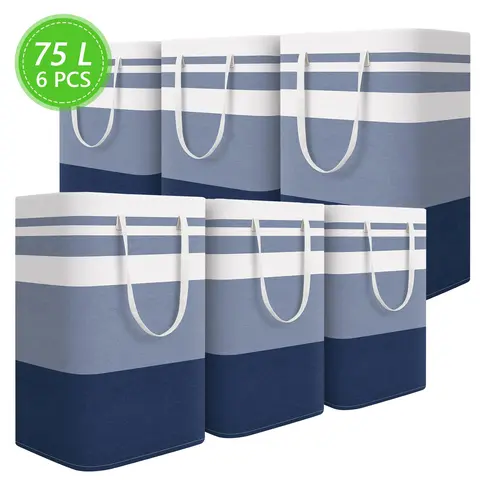 6-Pack 75L Fabric Freestanding Clothes Basket, Collapsible Waterproof Laundry Organizers and Storage with Carry Handle, Holds Up to 75L, Keeps Clothes Dry for Home Use