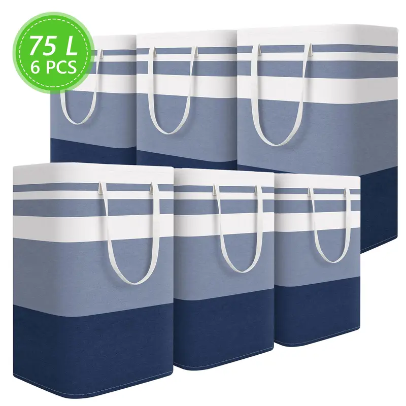 6-Pack 75L Fabric Freestanding Clothes Basket, Collapsible Waterproof Laundry Organizers and Storage with Carry Handle, Holds Up to 75L, Keeps Clothes Dry for Home Use