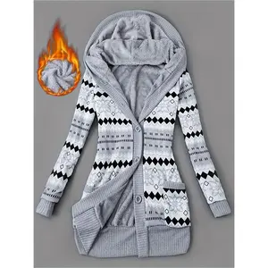 Fashion Women's Geometric Pattern Knitted Long-Sleeved Thickened Coat, Mid-Length Hooded Cardigan with Pockets, Lined with Fluff, Warm and Comfortable, Suitable for Outdoor Wear in Autumn and Winter, Women's Clothing