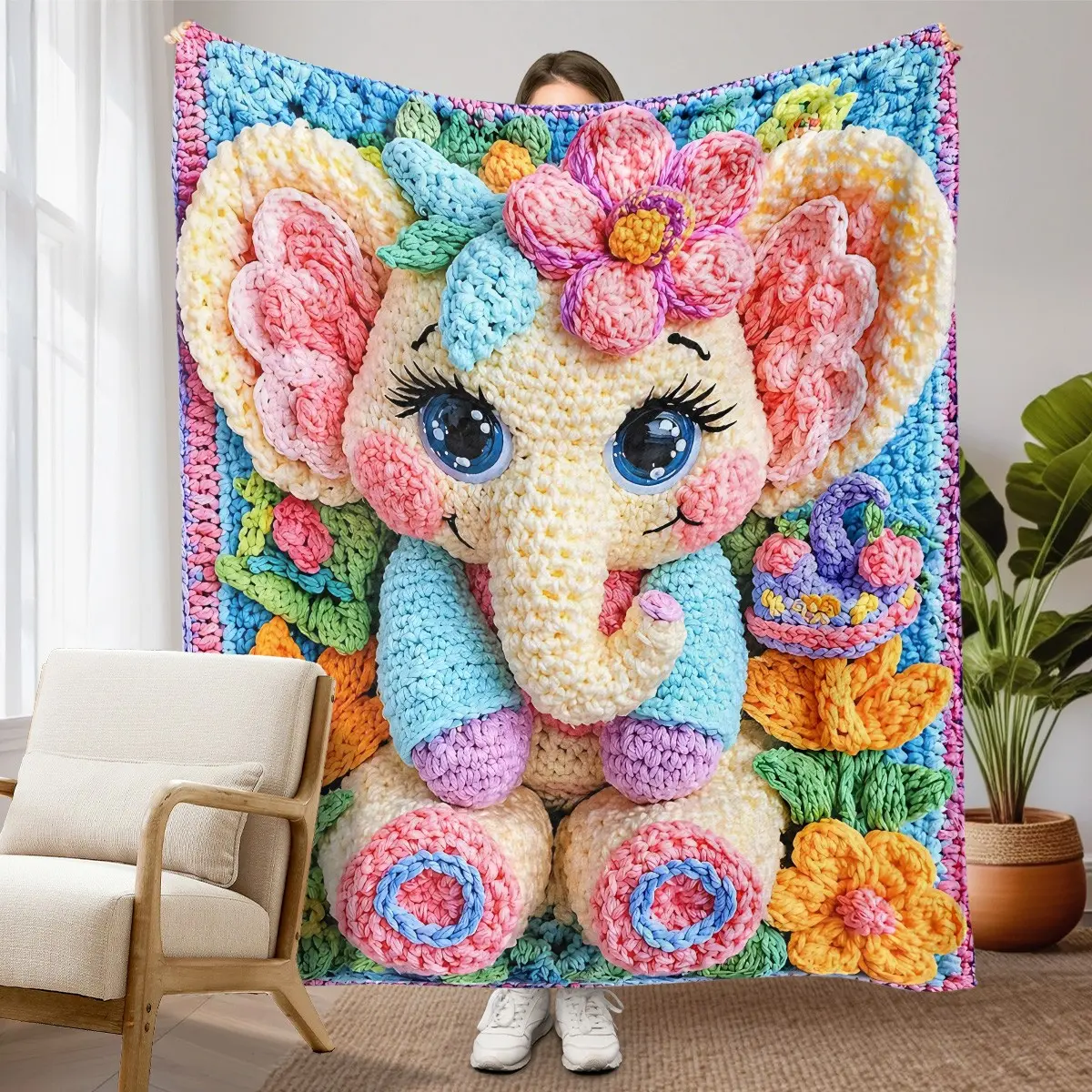 Cute Elephant Theme Flannel Blanket, Soft and Warm, Multi-Use Cover for Sofa, Bed, Office, Camping, Travel, Handmade Healing Gift