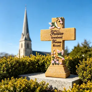Solar- Outdoor Cross Light with Solar Panel - Self-Lit Resin Memorial Lamp for Garden, Pet Tombstone Marker, Lawn & Cemetery Decoration, Durable (No Wiring/ Needed) - Easy Assembly