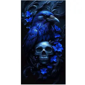 5D Diamond Painting Kit - Full Drill Gothic Blue Raven & Skull Cross stitch Mosaic Embroidery Rhinestone Art,  DIY Craft for Adults, Home Wall Decor & Unique Gothic Gift, Diamond Art Tools