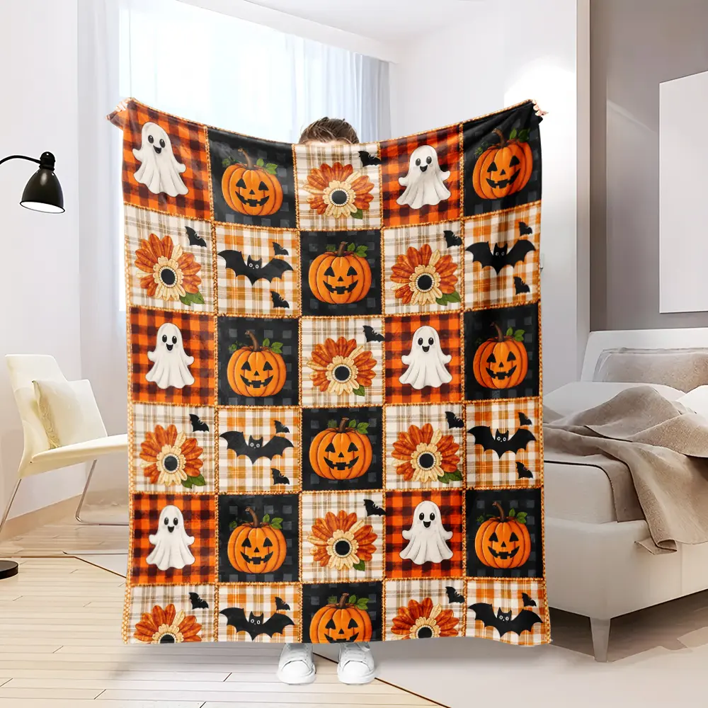 1Pc Retro Plaid Halloween Pumpkin Ghost Bat Sunflower Fleece Blanket Heat Transfer Printed Patchwork Grid No Sewn Stitching American Vintage Style Soft Multi-use Throw Blanket For Sofa Bed Office Camping Perfect Halloween Fall Gift