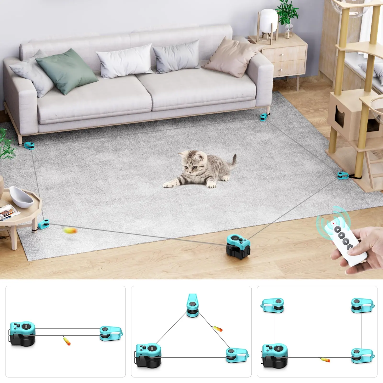 AsFrost Automatic Interactive Cat Teaser Toy - Hands-Free Indoor Accessory with Remote, Adjust Speed, 2pcs Feather/DIY String/1500-3000 rpm Moving Mouse Lure, 3 Clips, USB-C Rechargeable for Bored Kittens, Non-Toxic stuff anti-slip design, Feather Pattern